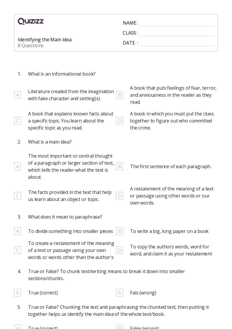 50+ Identifying the Main Idea worksheets for 2nd Grade on Quizizz