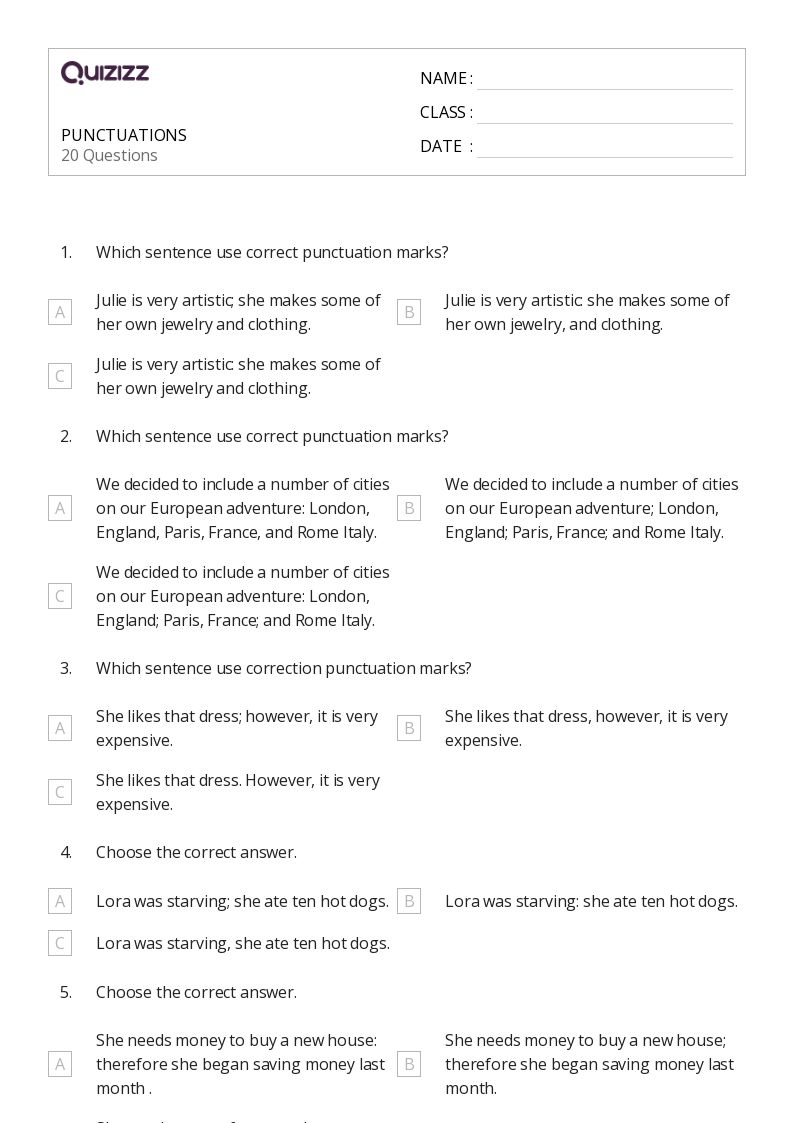 50+ Punctuation worksheets for 7th Class on Quizizz | Free & Printable