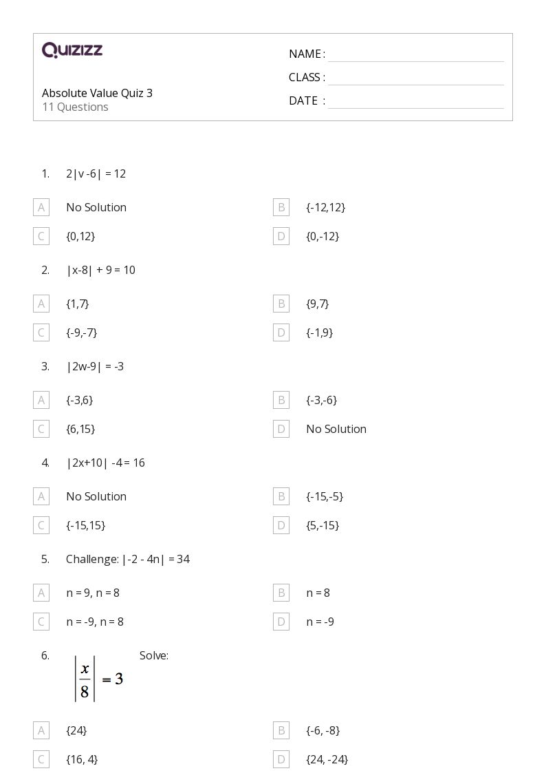 50+ absolute value worksheets for 11th Year on Quizizz Free & Printable