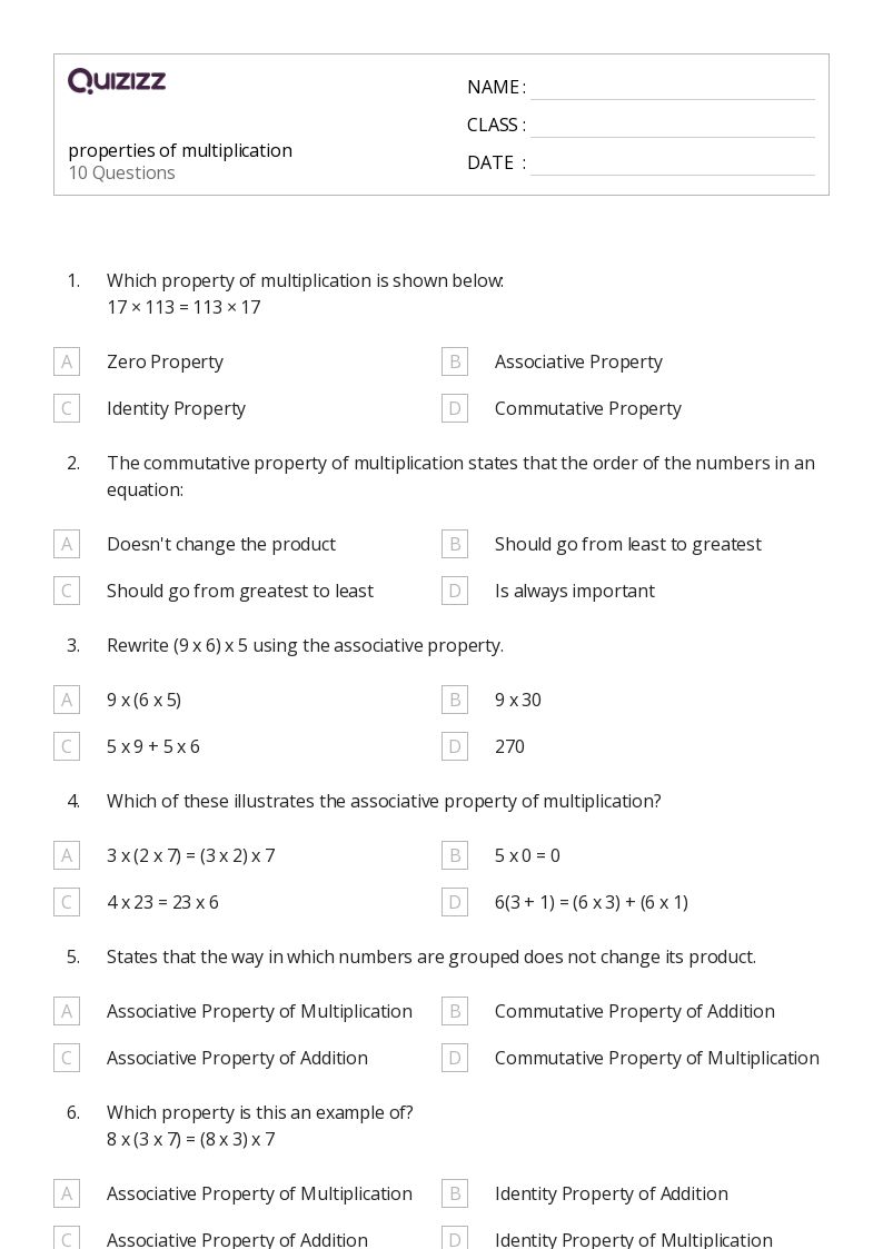 50+ Properties of Multiplication worksheets on Quizizz Free & Printable
