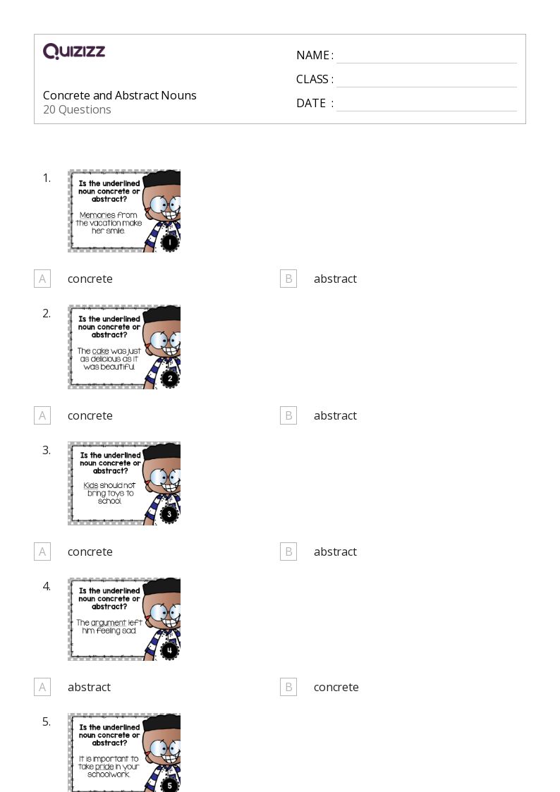 50+ Abstract Nouns worksheets on Quizizz | Free & Printable