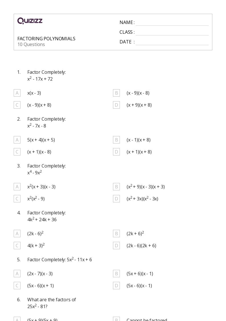 50+ Factoring worksheets on Quizizz Free & Printable