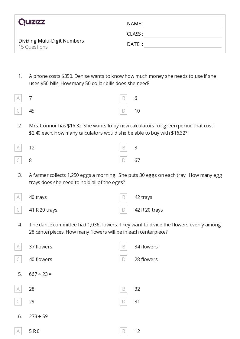 50+ MultiDigit Numbers worksheets for 6th Class on Quizizz Free