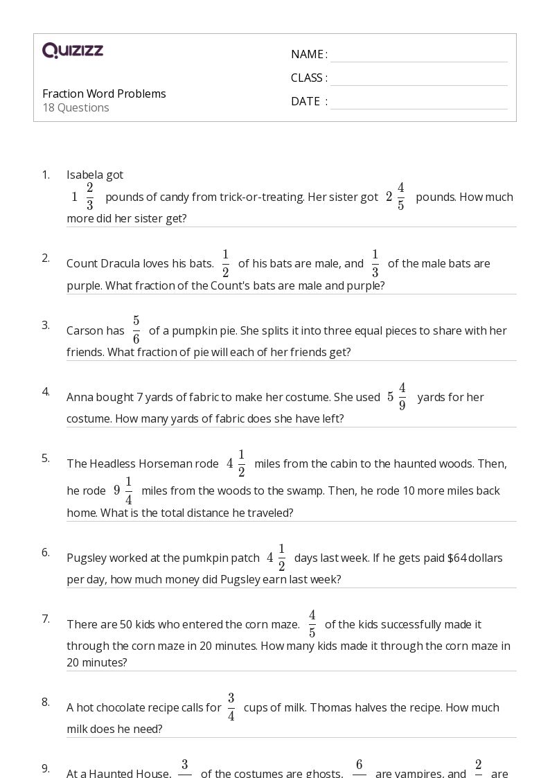 50+ Fraction Word Problems worksheets for 6th Class on Quizizz | Free