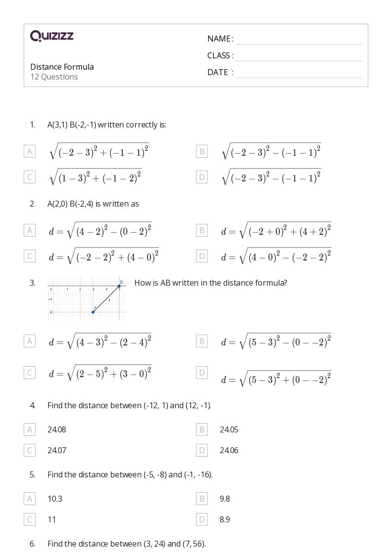 50+ distance formula worksheets for 10th Grade on Quizizz Free & Printable