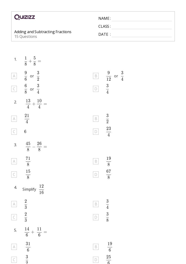 50+ Adding and Subtracting Fractions worksheets for 6th Grade on Quizizz Free & Printable
