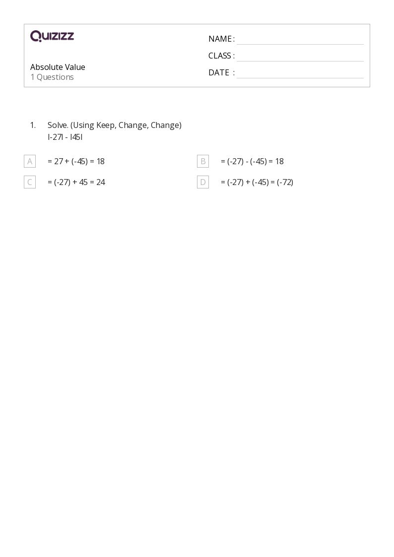50+ Absolute Value worksheets for 3rd Grade on Quizizz Free & Printable