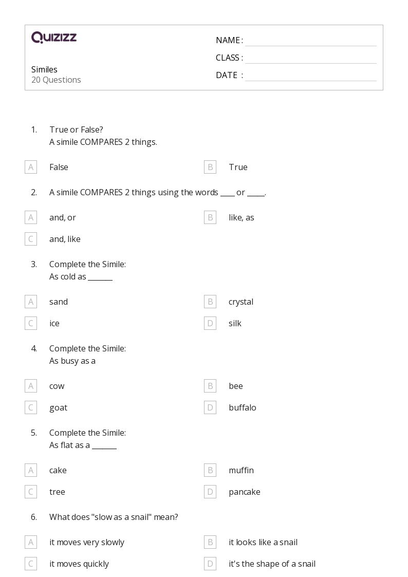 50+ Similes worksheets for 3rd Class on Quizizz Free & Printable