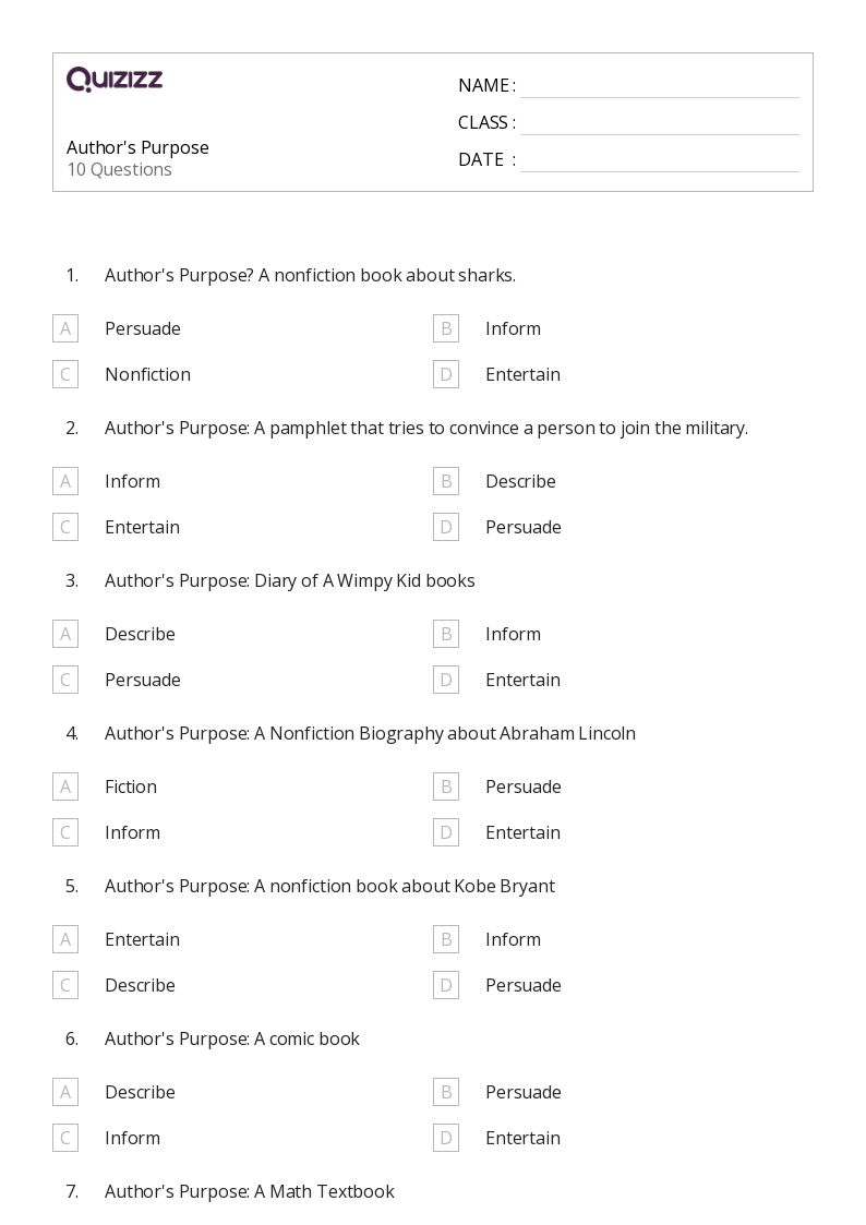 50+ Author's Purpose in Nonfiction worksheets for 5th Grade on Quizizz Free & Printable