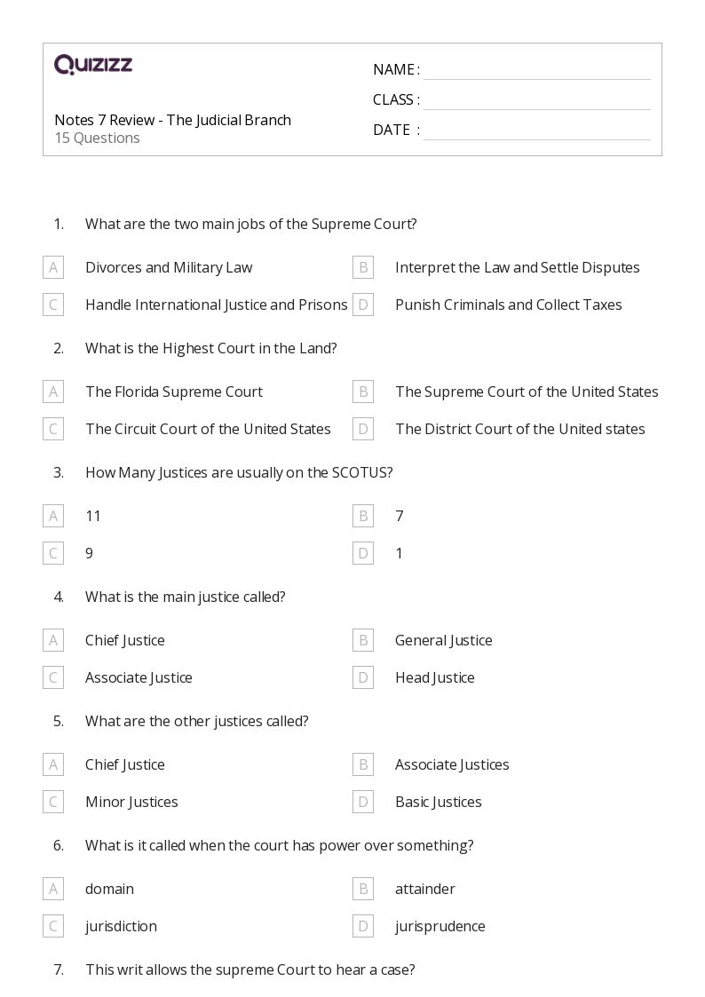 50+ the judicial branch worksheets for 7th Class on Quizizz Free
