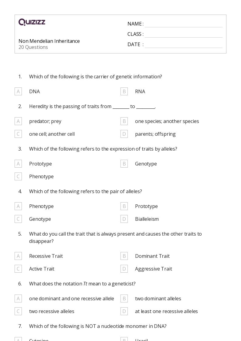 50+ non mendelian inheritance worksheets for 10th Class on Quizizz