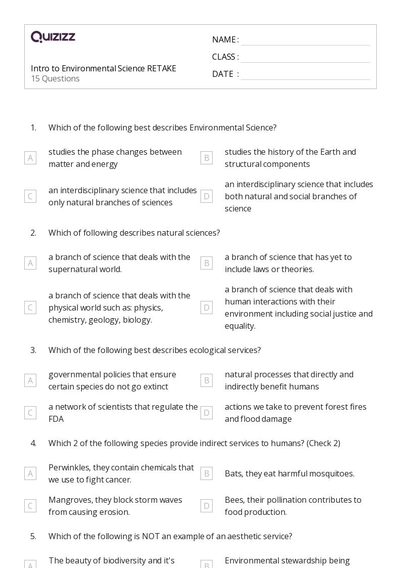 50+ Environmental Science worksheets for 8th Grade on Quizizz Free & Printable