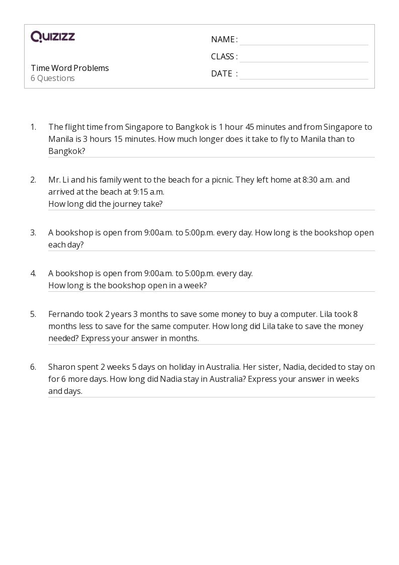 50+ Time Word Problems worksheets for 3rd Grade on Quizizz Free