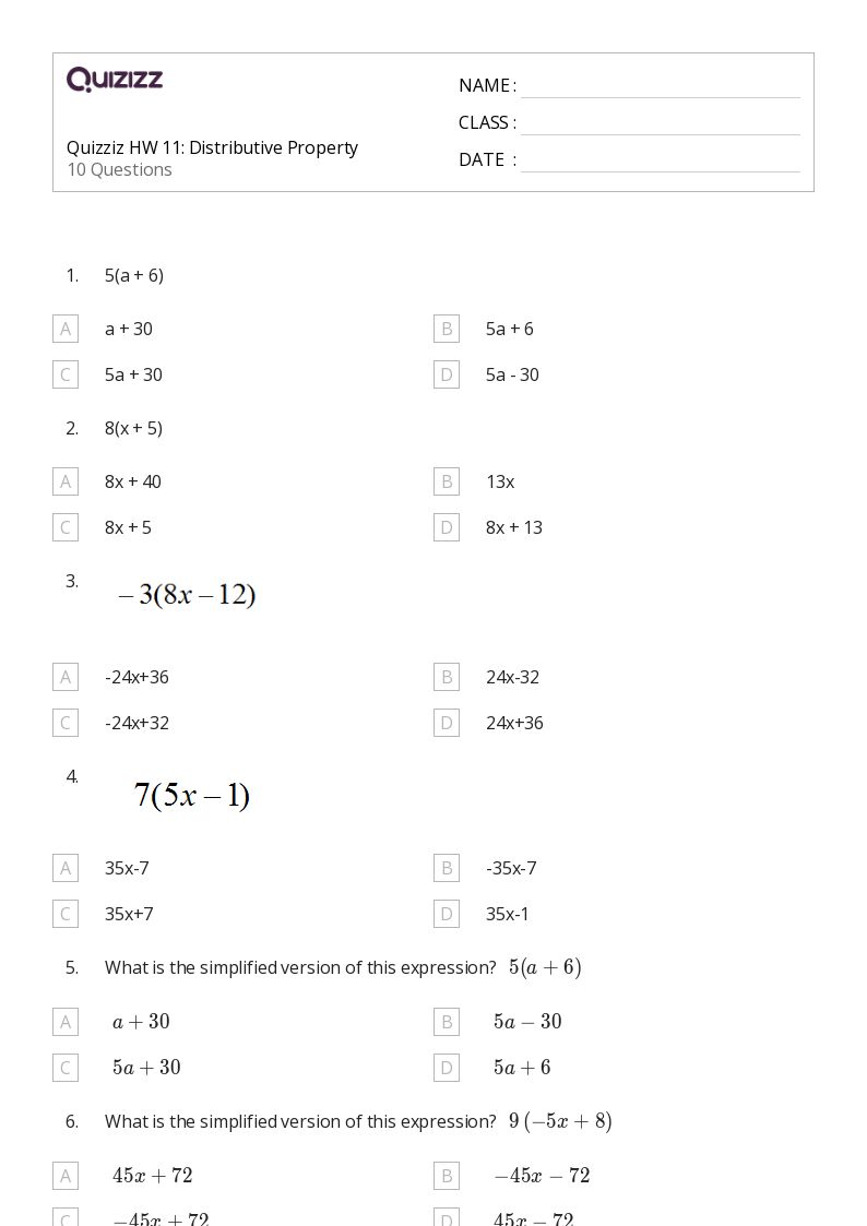 50+ distributive property worksheets for 11th Grade on Quizizz Free
