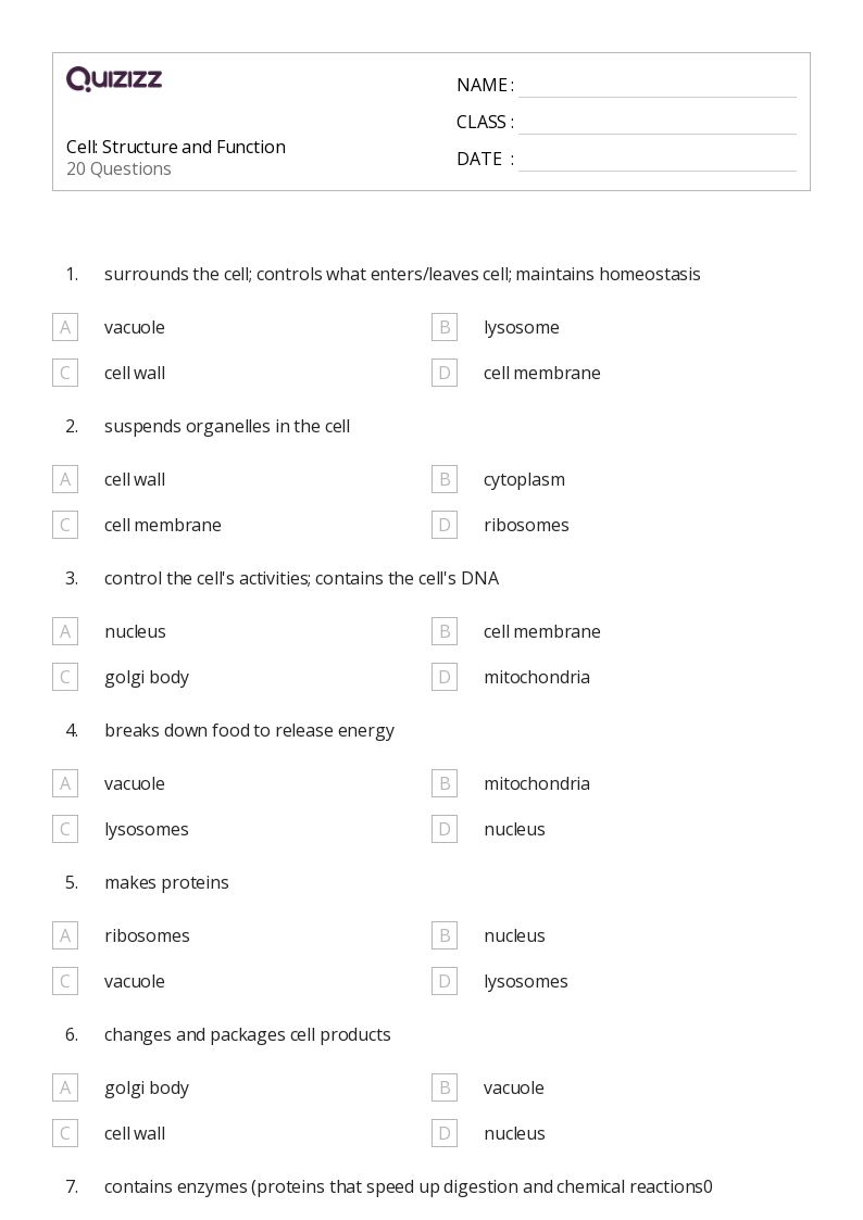 50+ structure of a cell worksheets for 11th Class on Quizizz Free & Printable