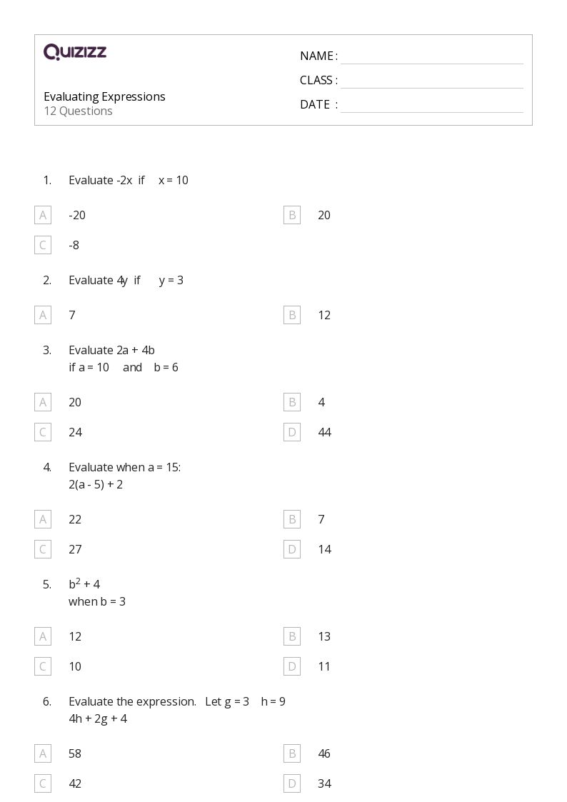 50+ Evaluating Expressions worksheets for 6th Grade on Quizizz Free & Printable