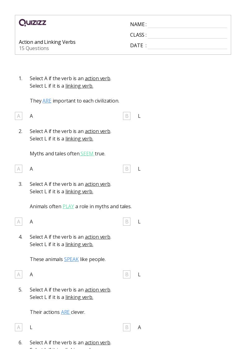 50+ Linking Verbs worksheets for 7th Year on Quizizz Free & Printable