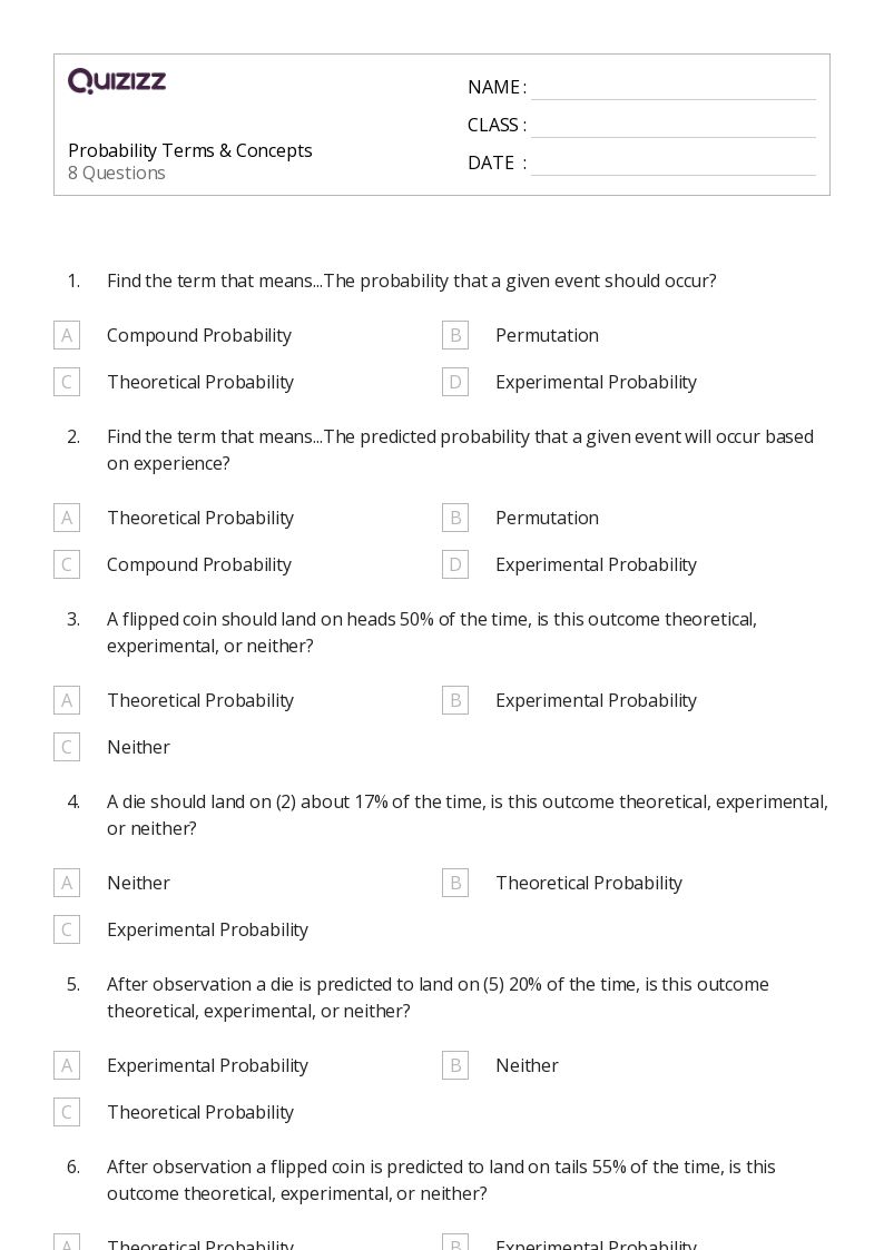 Printable experimental probability Worksheets | Quizizz