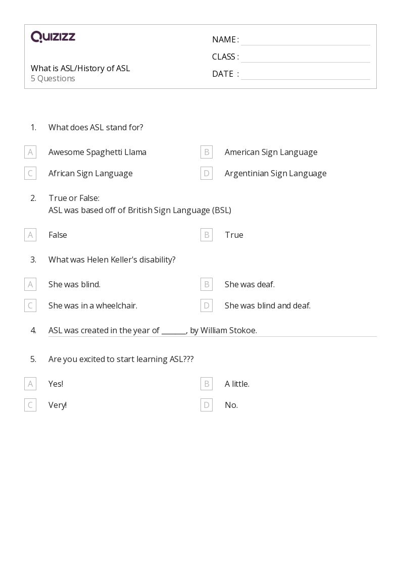 50+ American Sign Language worksheets for 7th Class on Quizizz Free