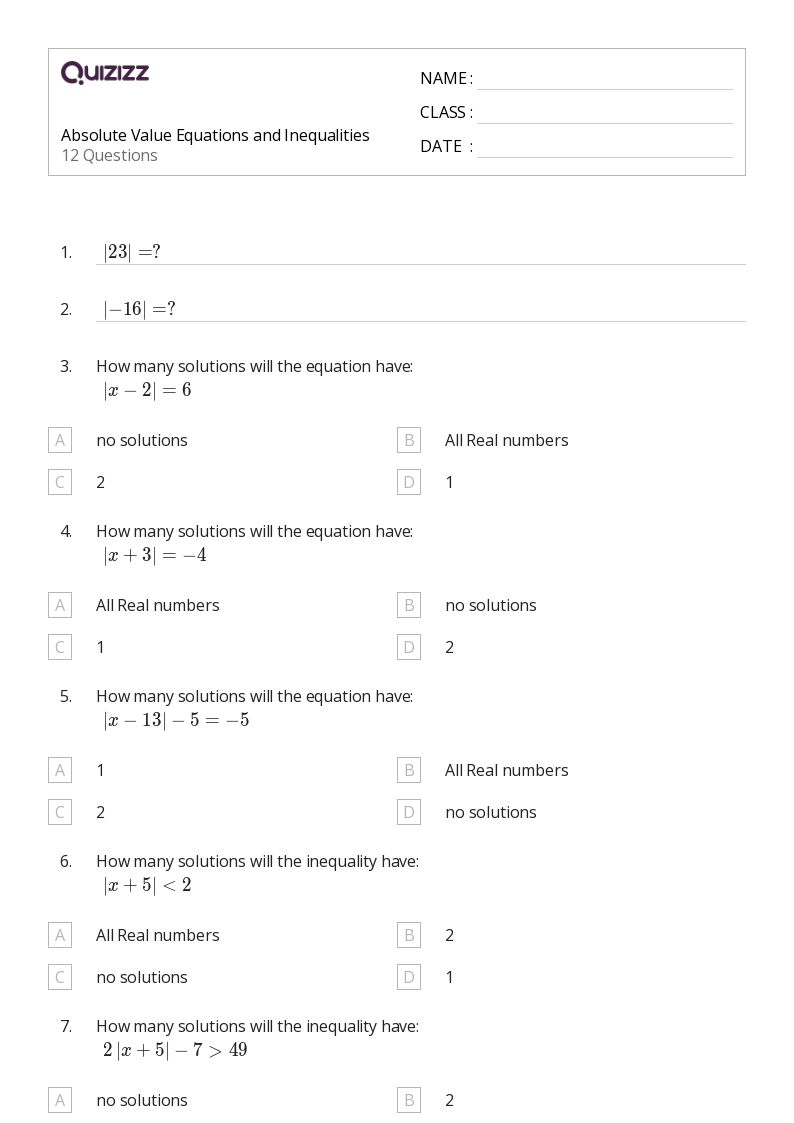 50+ absolute value equations functions and inequalities worksheets for 12th Class on Quizizz