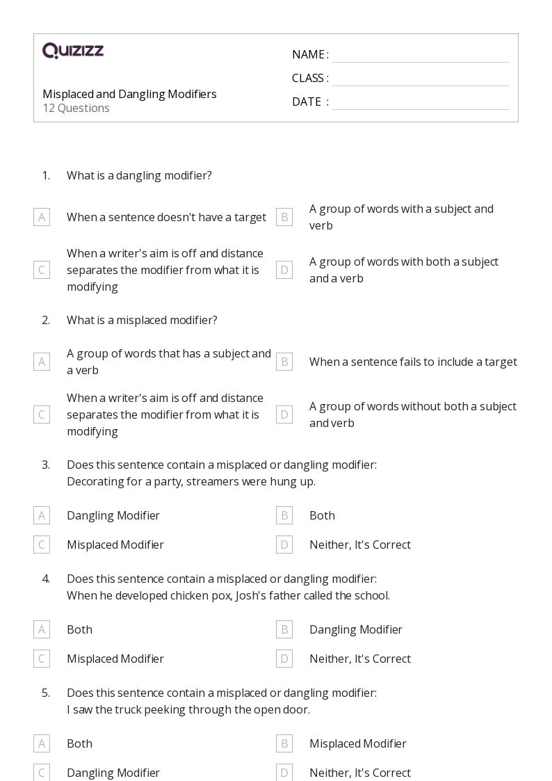 50+ Misplaced and Dangling Modifiers worksheets for 4th Year on Quizizz