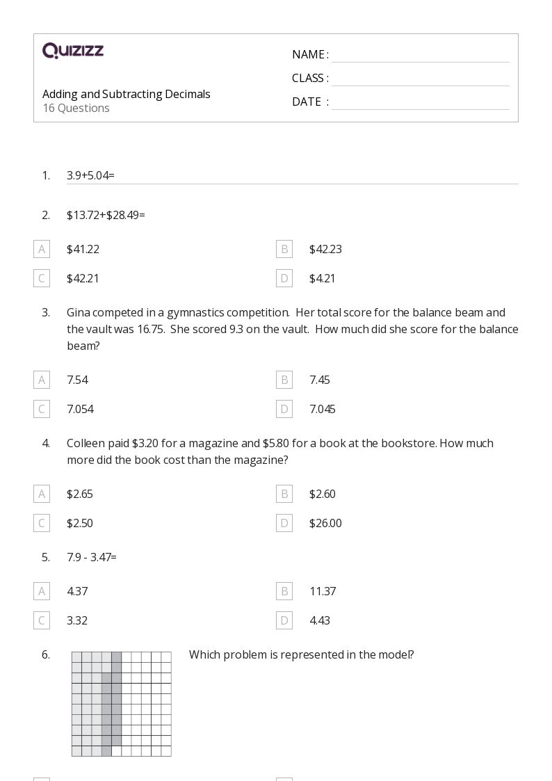 50+ Subtracting Decimals worksheets for 7th Class on Quizizz Free & Printable