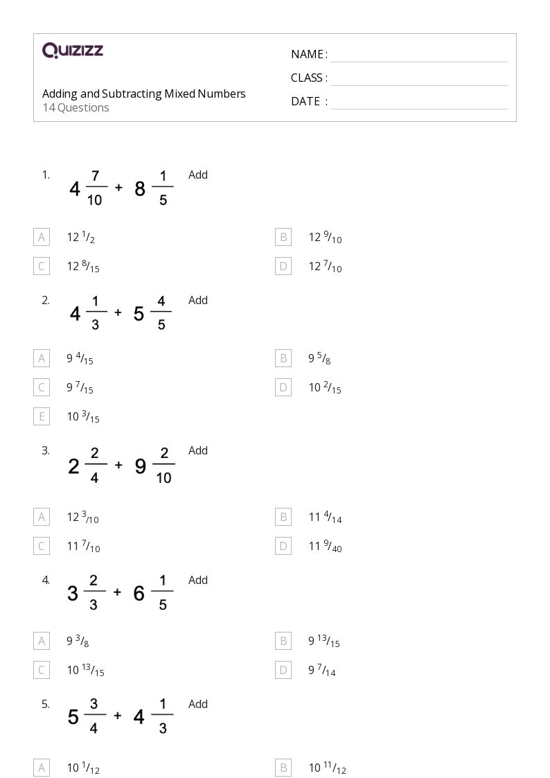 50+ Adding and Subtracting Mixed Numbers worksheets for 7th Grade on