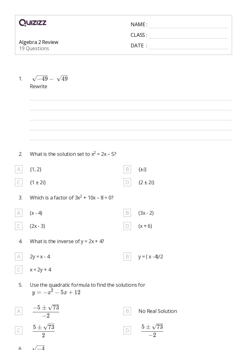 50+ Algebra 2 worksheets for 12th Grade on Quizizz Free & Printable