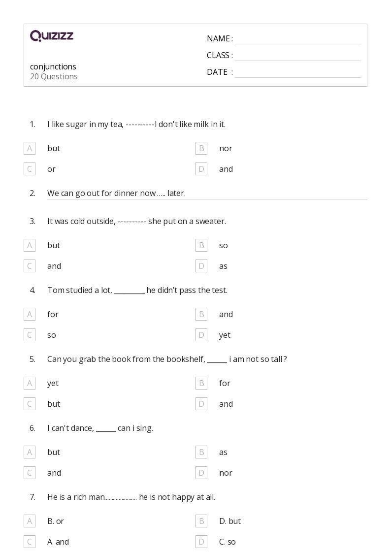 50+ Conjunctions worksheets for 6th Class on Quizizz Free & Printable