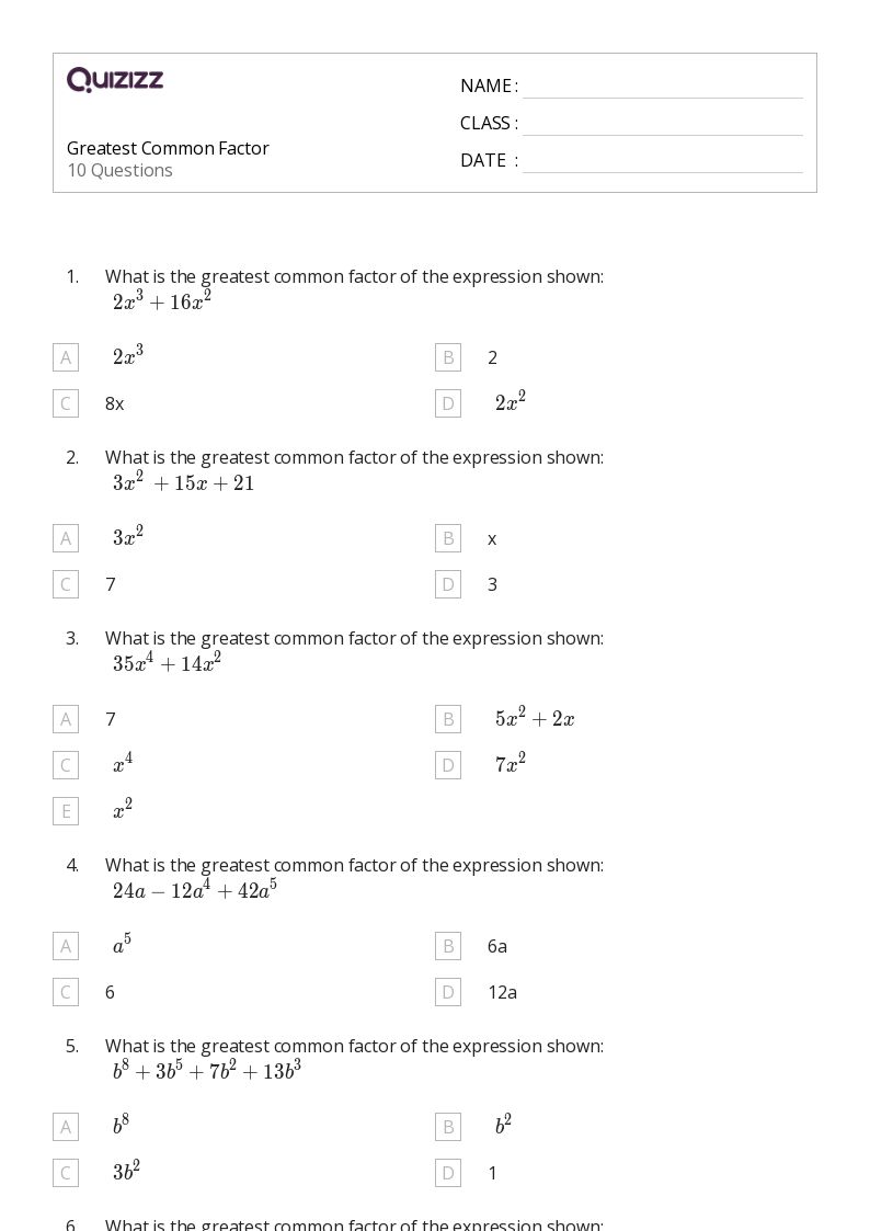 50+ Greatest Common Factor worksheets for 8th Class on Quizizz Free & Printable