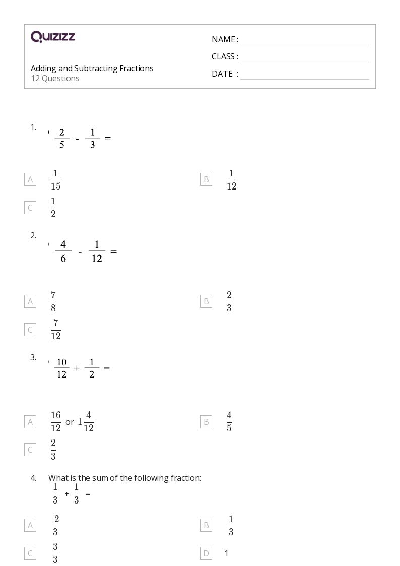 50+ Adding and Subtracting Fractions worksheets for 2nd Class on Quizizz Free & Printable