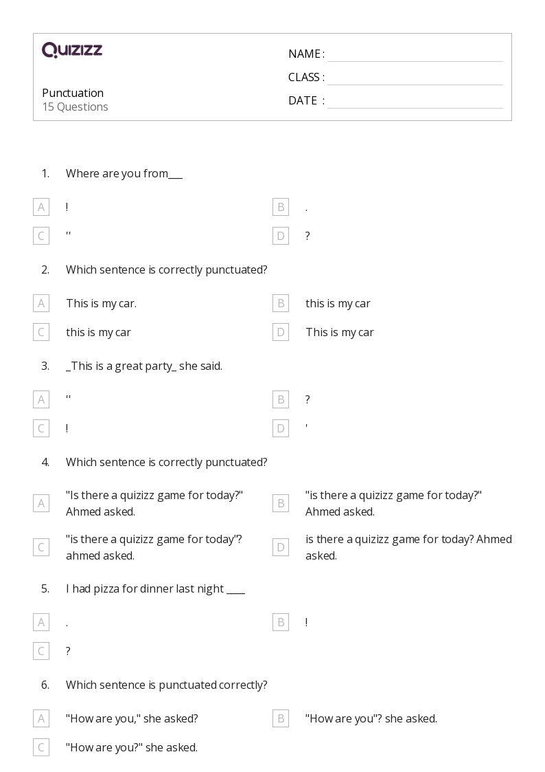 50+ Punctuation worksheets for 4th Grade on Quizizz Free & Printable