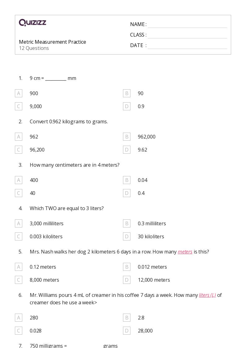 50+ Metric Measurement worksheets for 5th Grade on Quizizz Free & Printable