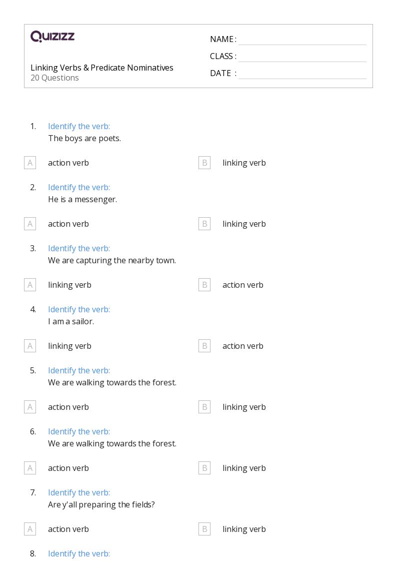 50+ Linking Verbs worksheets for 6th Grade on Quizizz Free & Printable