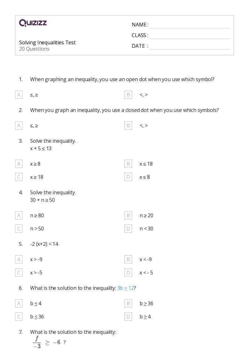 50+ Solving Inequalities worksheets for 7th Grade on Quizizz | Free