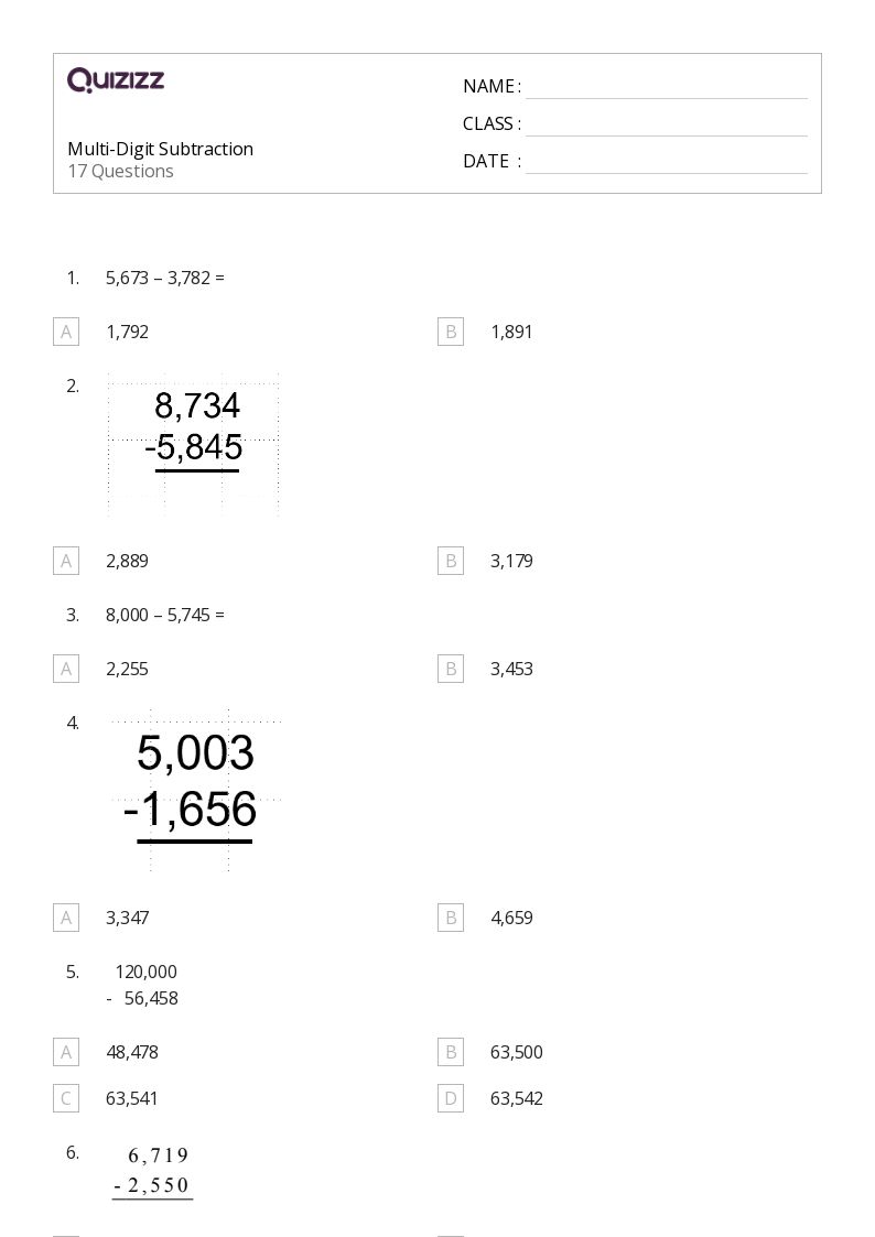50+ MultiDigit Subtraction worksheets for 4th Grade on Quizizz Free & Printable