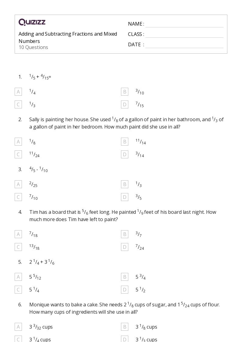 50+ Adding and Subtracting Fractions worksheets for 7th Grade on Quizizz Free & Printable