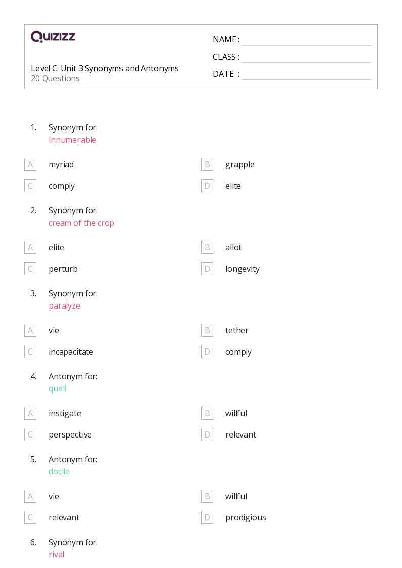 50+ Synonyms and Antonyms worksheets for 8th Grade on Quizizz Free