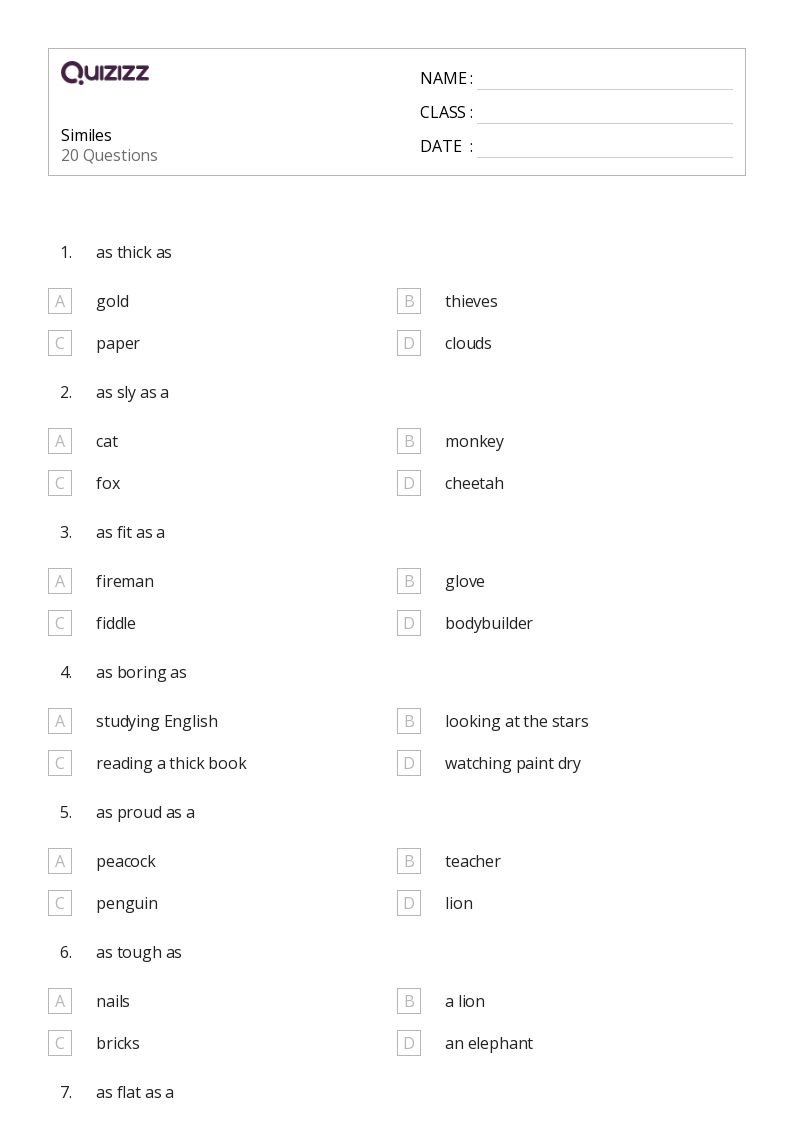 50+ Similes worksheets for 4th Grade on Quizizz Free & Printable
