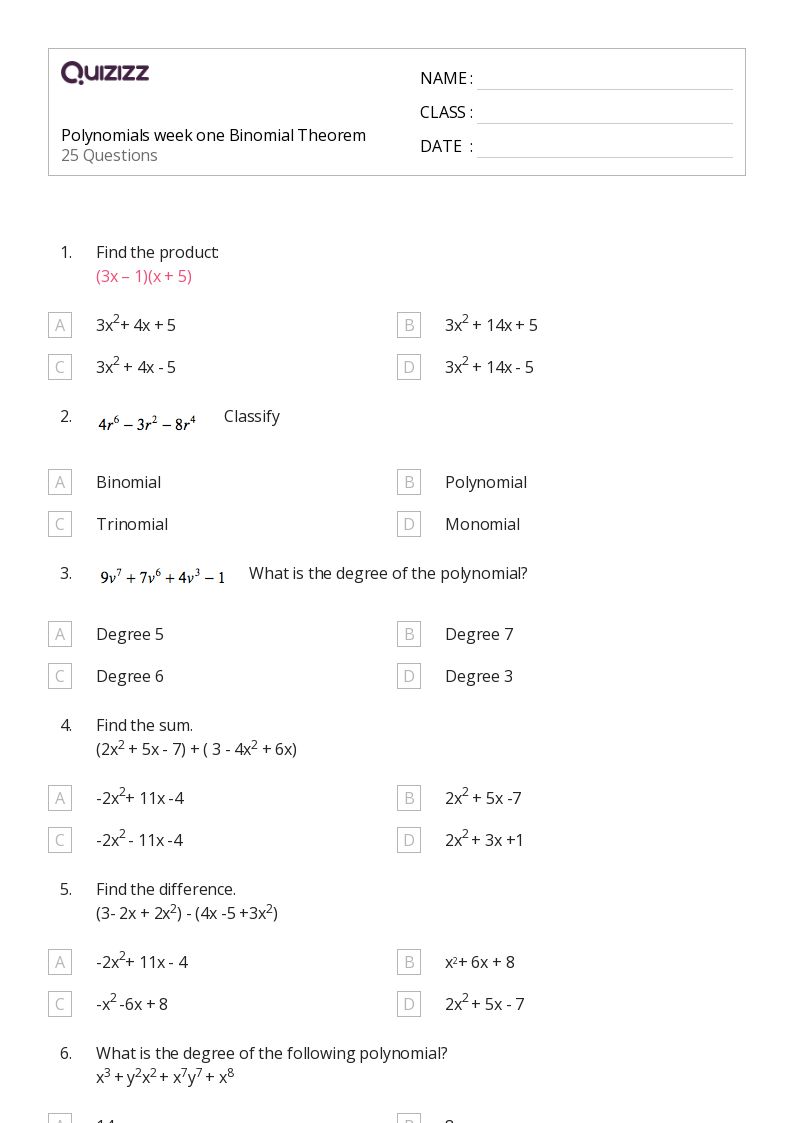 50+ binomial theorem worksheets for 9th Year on Quizizz Free & Printable