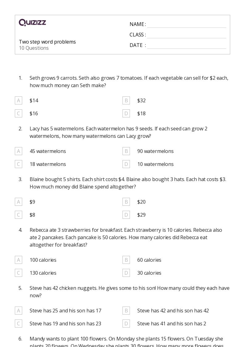 50+ Two-Step Word Problems worksheets for 4th Grade on Quizizz | Free