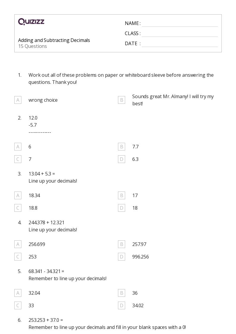 50+ Subtracting Decimals worksheets for 7th Grade on Quizizz Free & Printable