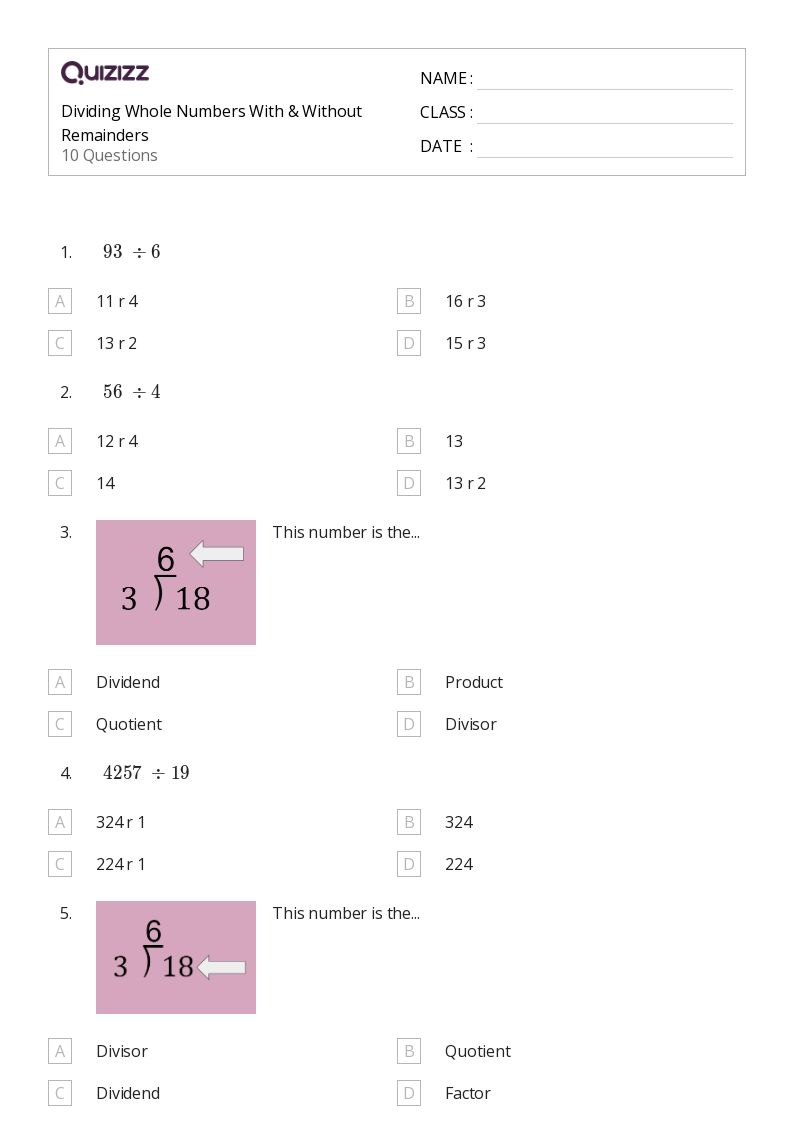 50+ Division without Remainders worksheets for 6th Year on Quizizz