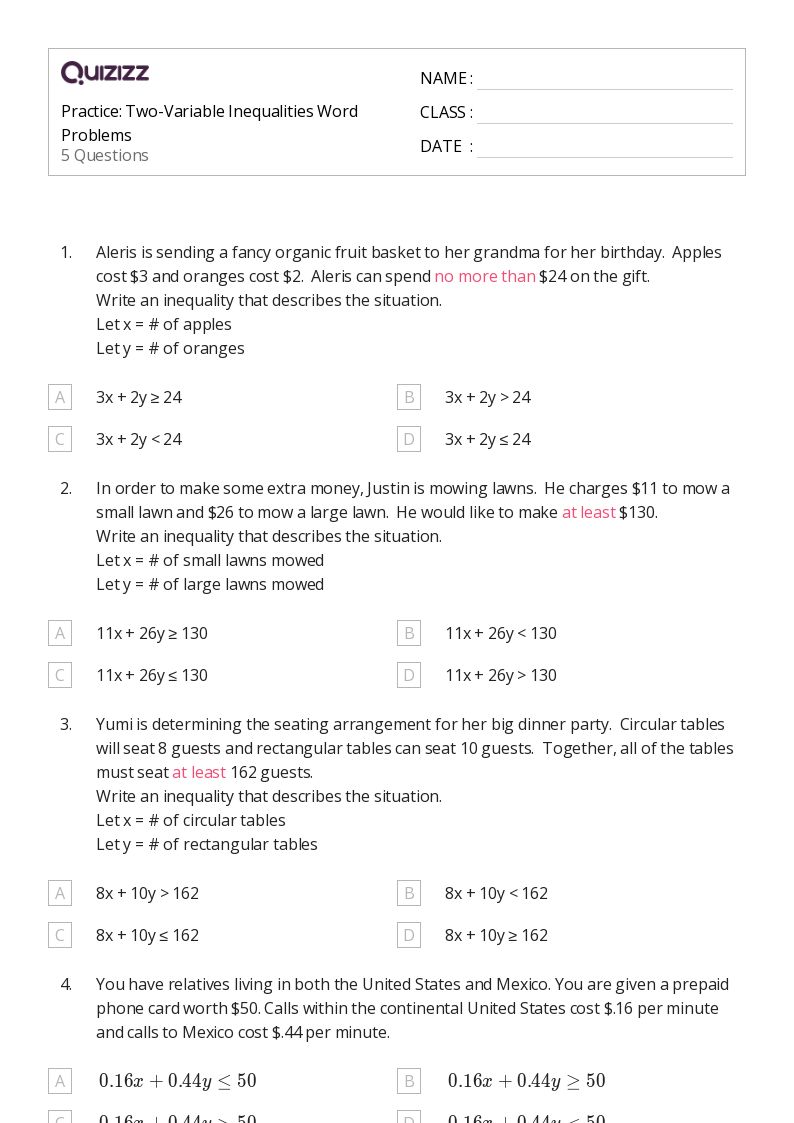 50+ two variable inequalities worksheets for 8th Year on Quizizz | Free