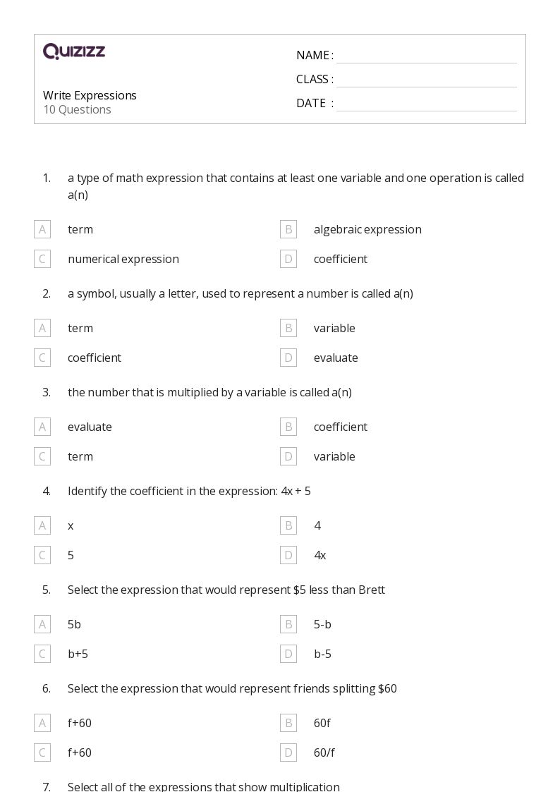 50+ Expressions worksheets for 6th Grade on Quizizz | Free & Printable
