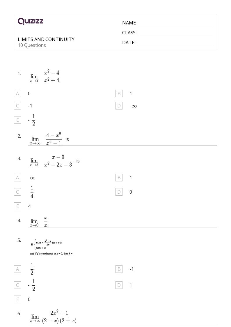 50+ limits and continuity worksheets on Quizizz Free & Printable