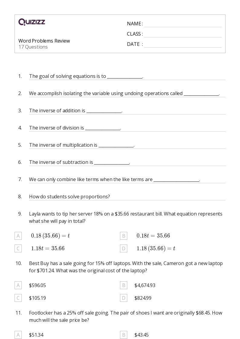 50+ Addition Word Problems worksheets for 6th Class on Quizizz Free & Printable