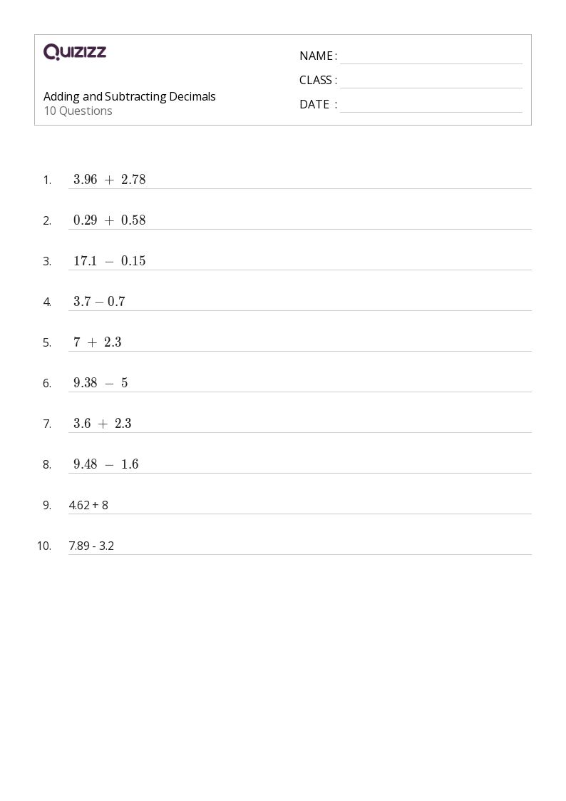 50+ Subtracting Decimals worksheets for 5th Grade on Quizizz Free & Printable