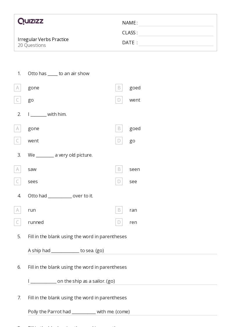 50+ Irregular Verbs worksheets for 2nd Grade on Quizizz Free & Printable