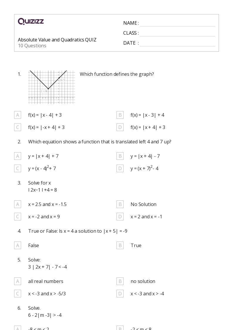50+ absolute value worksheets for 9th Grade on Quizizz Free & Printable